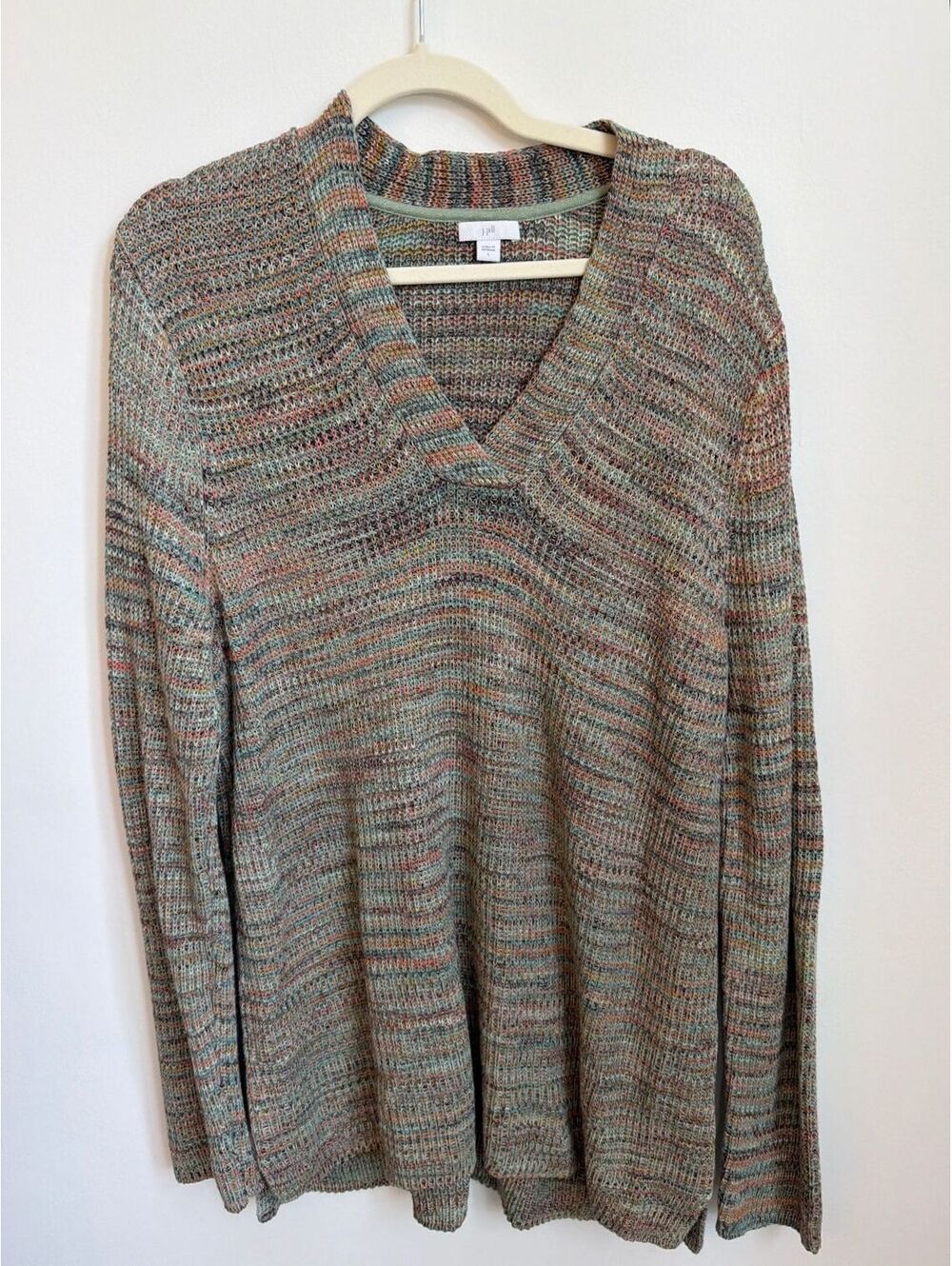 J.Jill Marled Knit Sweater Subtle Stripe Large Neck Slit Pullover Cotton Blend
